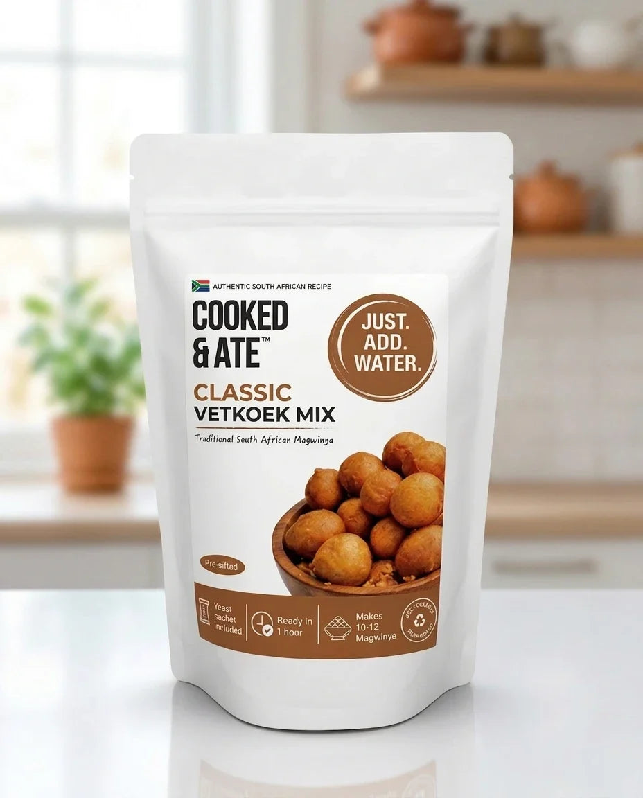 A photo of a Cooked & Ate Classic Vetkoek Mix packet.