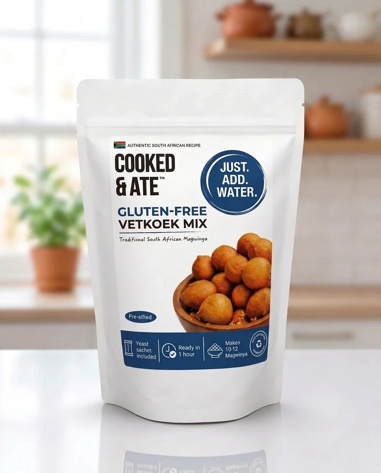 A photo of a Cooked & Ate Gluten-Free Vetkoek Mix packet.