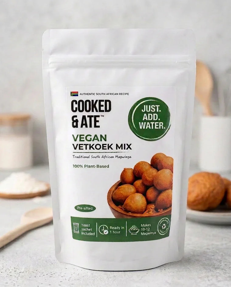 A photo of a Cooked & Ate Vegan Vetkoek Mix packet.